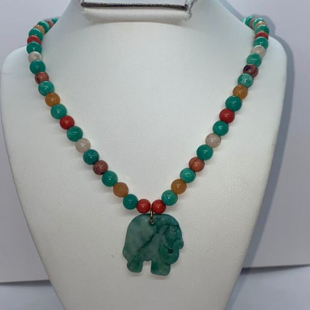 Handmade Beaded Green Elephant Necklace